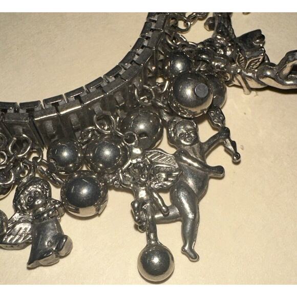 Vtg Tribal Silver Expandable Bracelet W/ Dangle Charms Angels Cherubs Balls - Picture 3 of 6